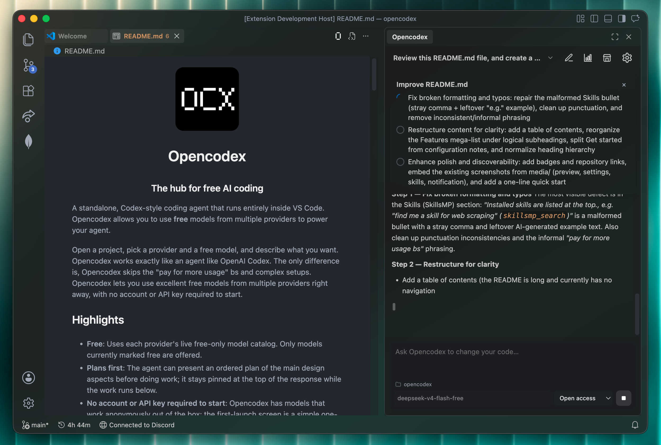 Opencodex reviewing a repository and working through a pinned plan inside VS Code