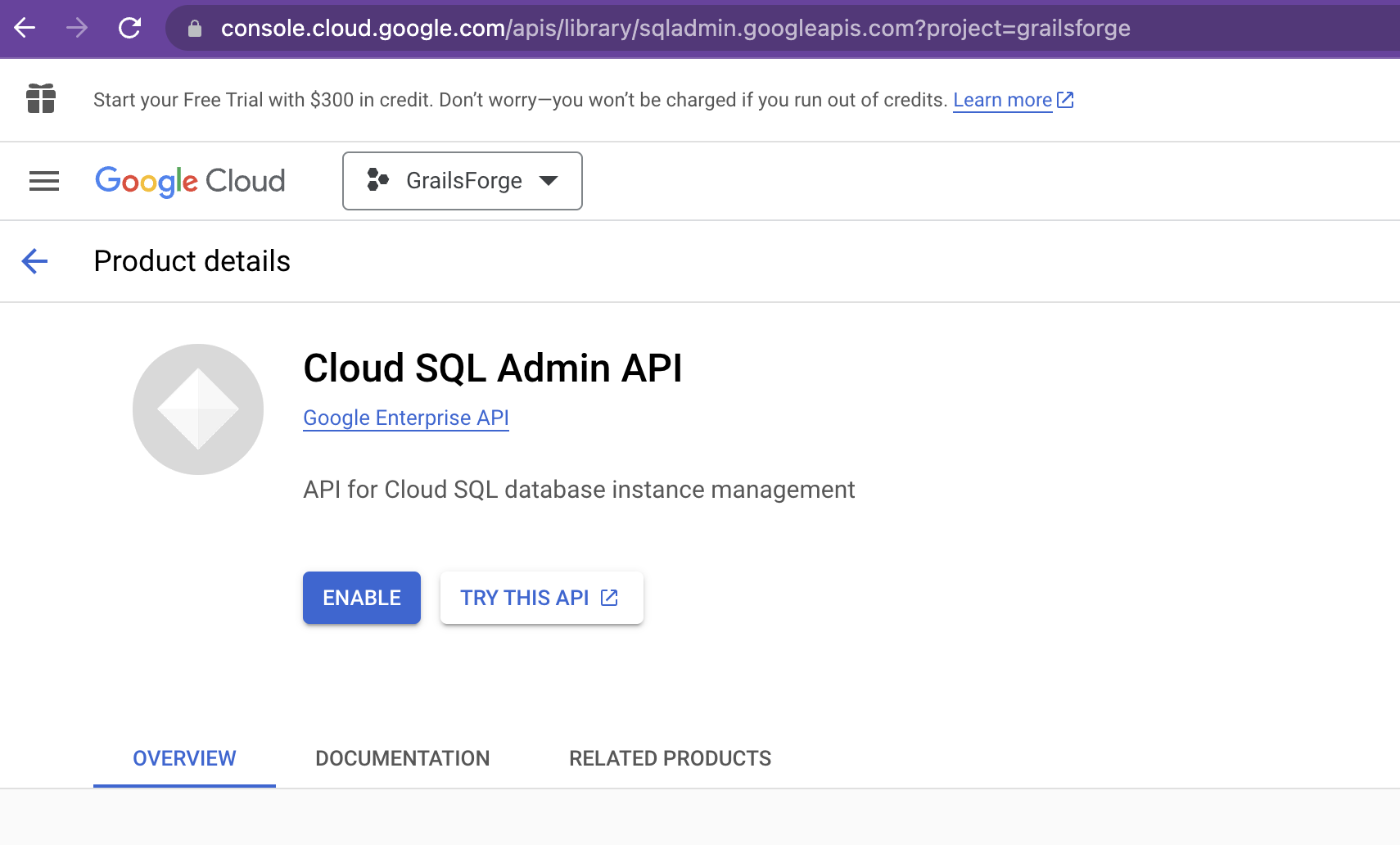 Cloud SQL Admin API Enable Screenshot