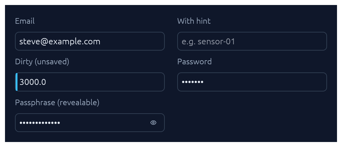 Text inputs — normal, hint, dirty, password, revealable