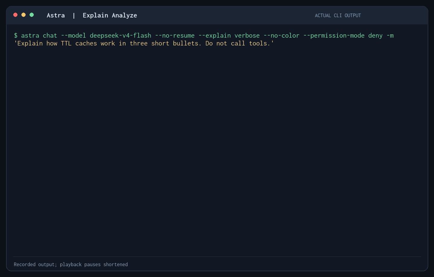 Illustrative 20-second Astra flow: ContextPipe keeps durable Work within a smaller token budget, a user-bound Runner makes a captured change inside a private environment, and Astra traces and rolls the change back before the Work continues.