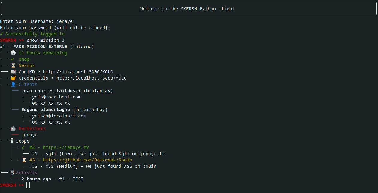 Example of a smersh-cli session