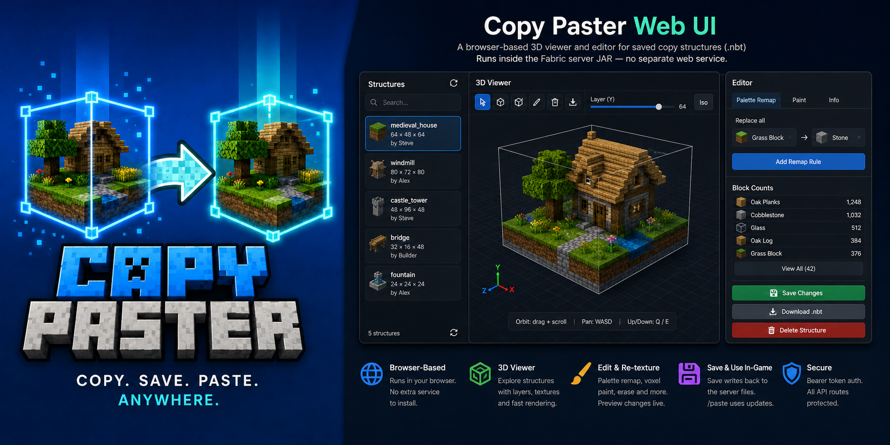 Copy Paster — copy and paste Minecraft structures with player-relative positioning