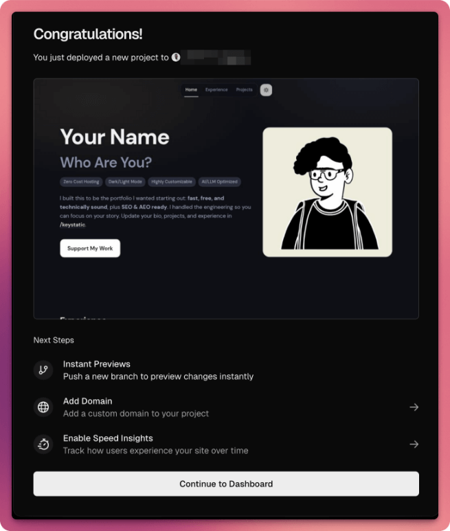 Successful deployment screen