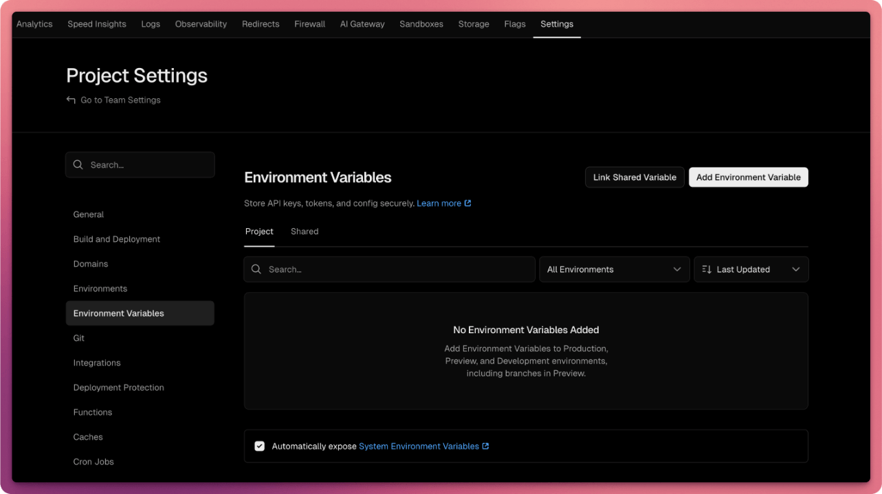 Vercel environment variables page