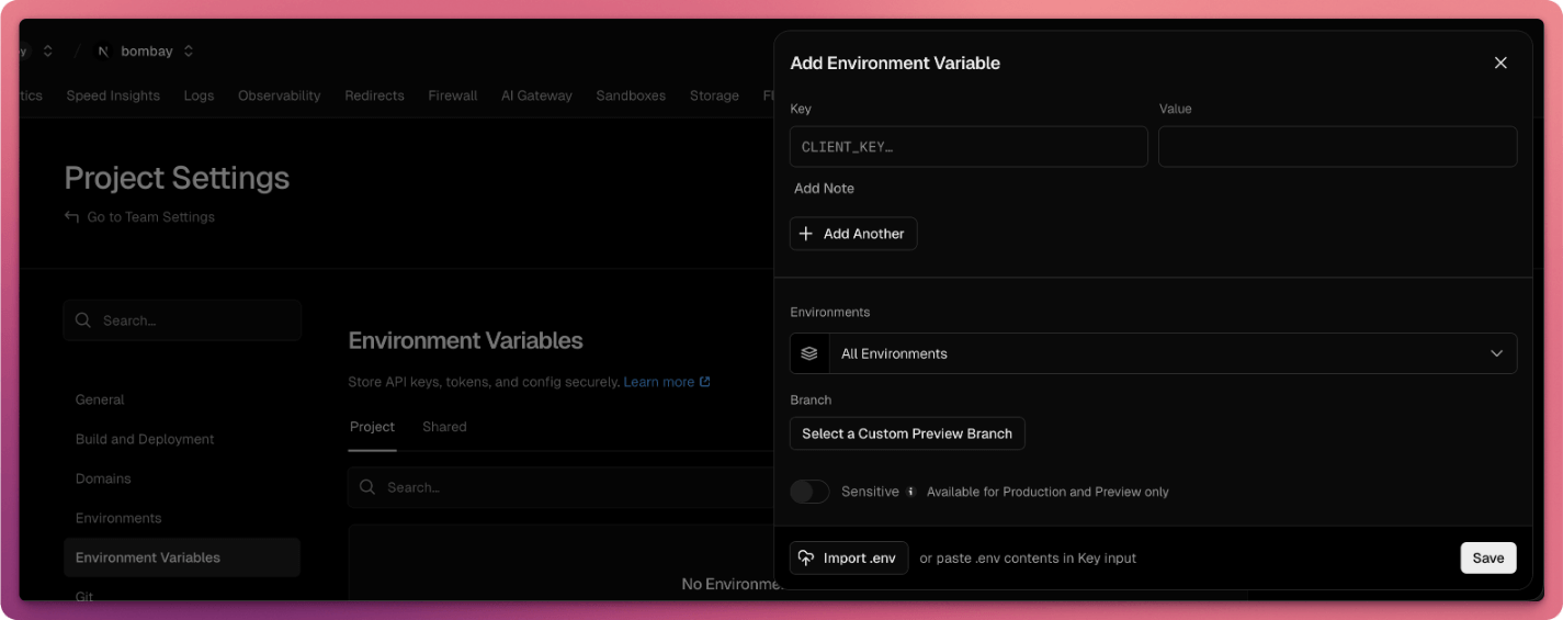 Add environment variables modal