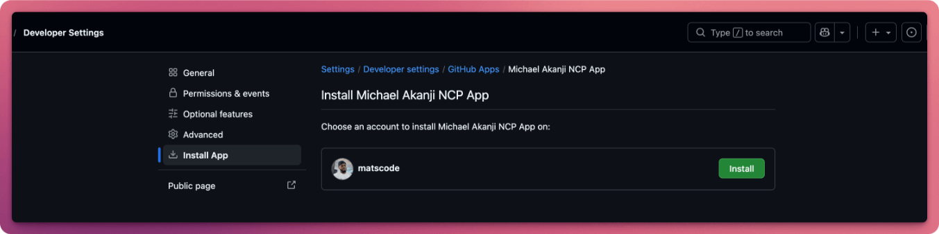 GitHub App install screen