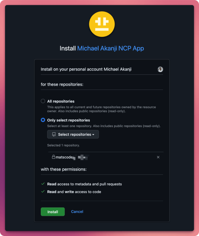 Choose repositories for the GitHub App