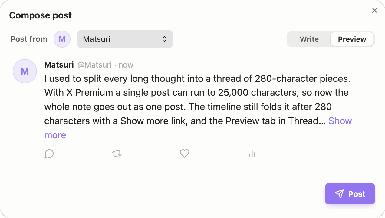 Preview of an X Premium long post, folded after 280 characters