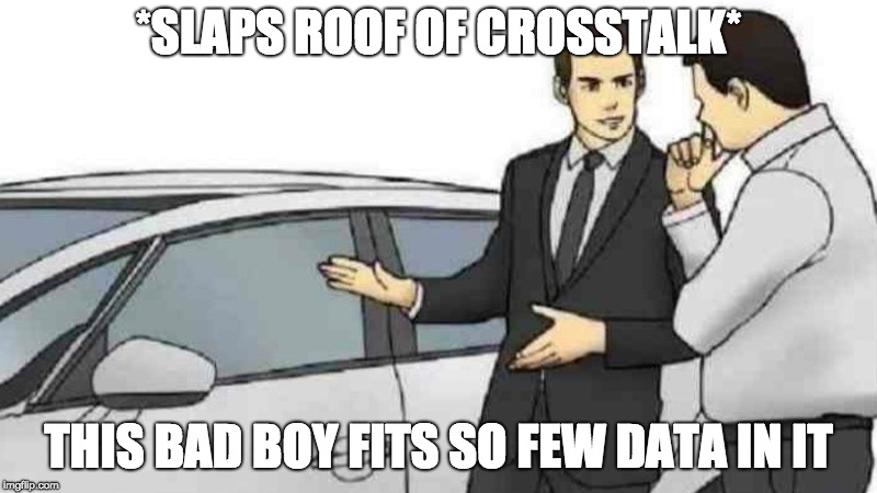 A car salesman slaps the roof of a car and says 'This bad boy fits so few data in it' to a customer.