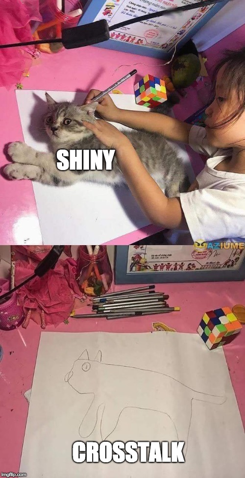 A girl traces around her cat labelled 'Shiny', revealing a poor rendering underneath labelled 'Crosstalk'.