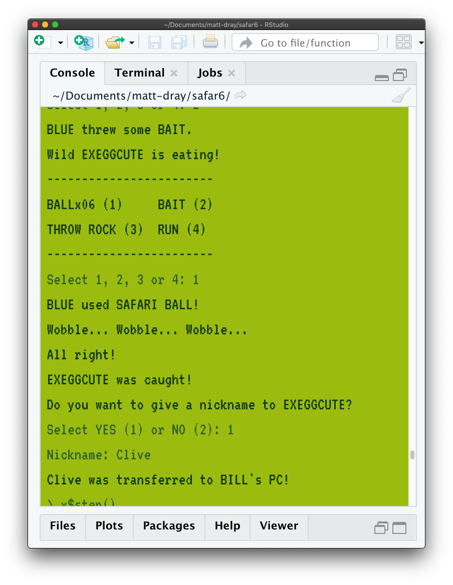 Screenshot of Rstudio showing only the console pane with green text and background, showing text that describes an encounter with a Pokemon.