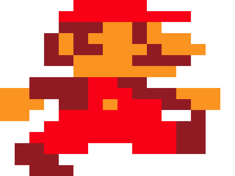 An animated 16 by 16 pixel grid with a coloured sprite of Mario from the original Super Mario Bros for the NES. There are three frames that each show a step in Mario's walk cycle.