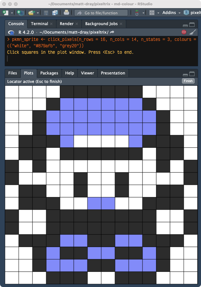 An RStudio window. The console has run the function click_pixels(blue) and has printed the message 'click squares in the plot window, press Esc to end.' In the plot pane is a 16 by 14 pixel grid with a sprite of the main character from the first generation of Pokemon games for the Game Boy. The background is white, the outlines are dark grey and the highlights are light blue There's a black grid around the pixels.