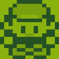 A 14 by 16 pixel grid with a sprite of the main character from the first generation of Pokemon games for the Game Boy. It's coloured using the green shades of the original Game Boy.
