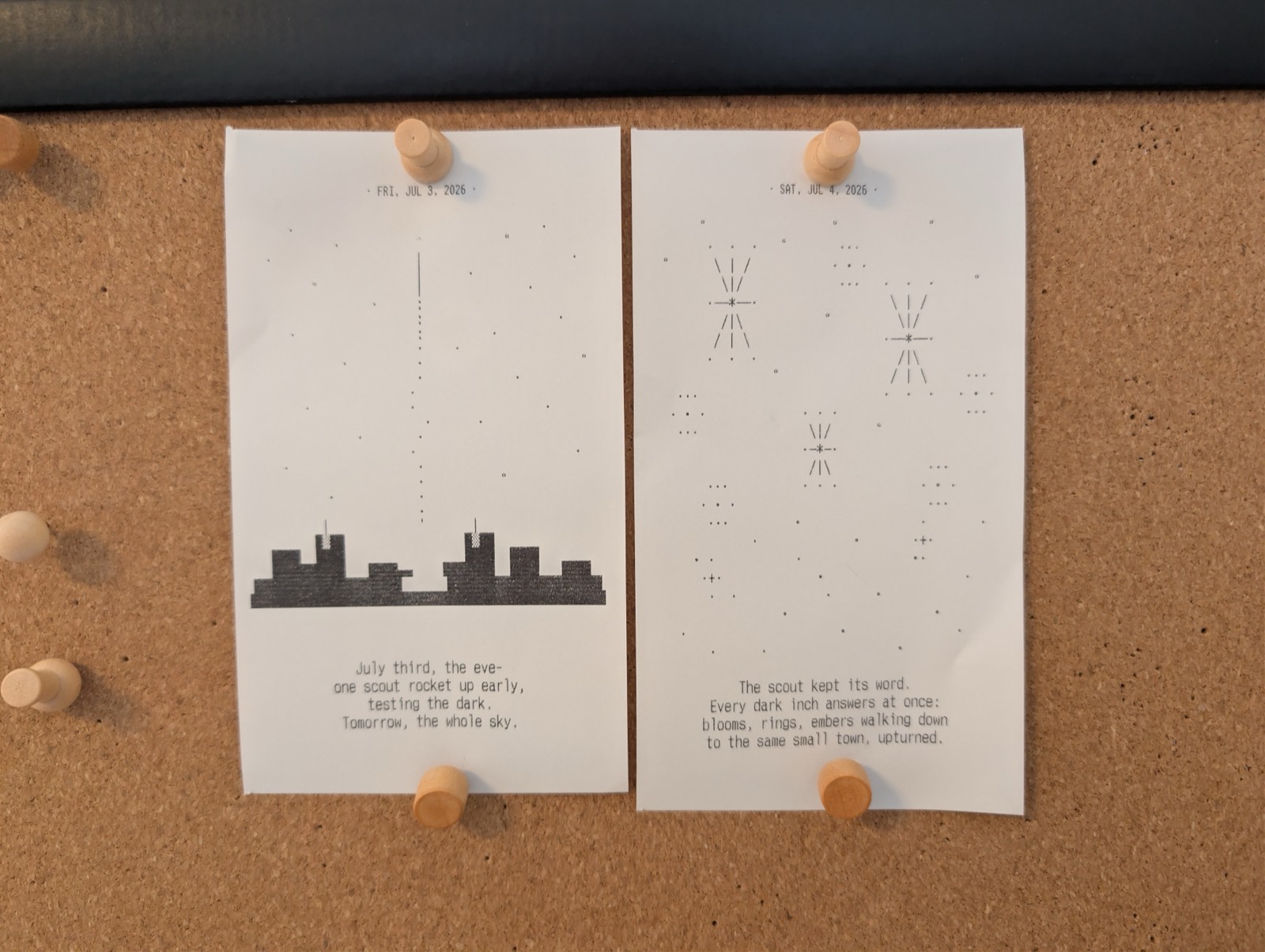 Two thermal receipts pinned side by side on a corkboard. Left, dated Friday July 3 2026: a lone firework rocket climbs a dotted trail through a sparse starfield above a solid-black skyline. Right, dated Saturday July 4 2026: the same skyline under a sky full of firework bursts.