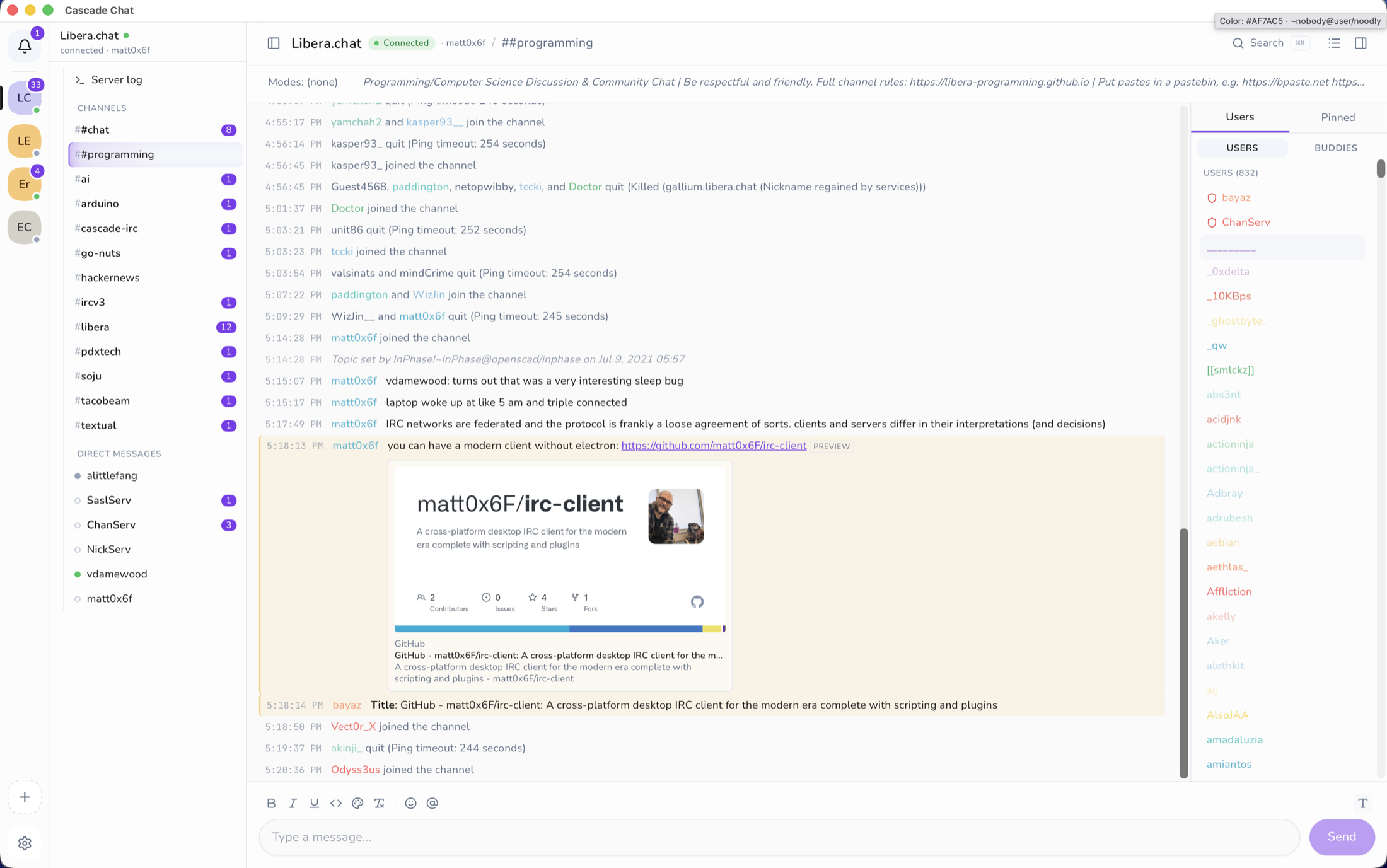 Cascade Chat connected to the programming channel on Libera.Chat