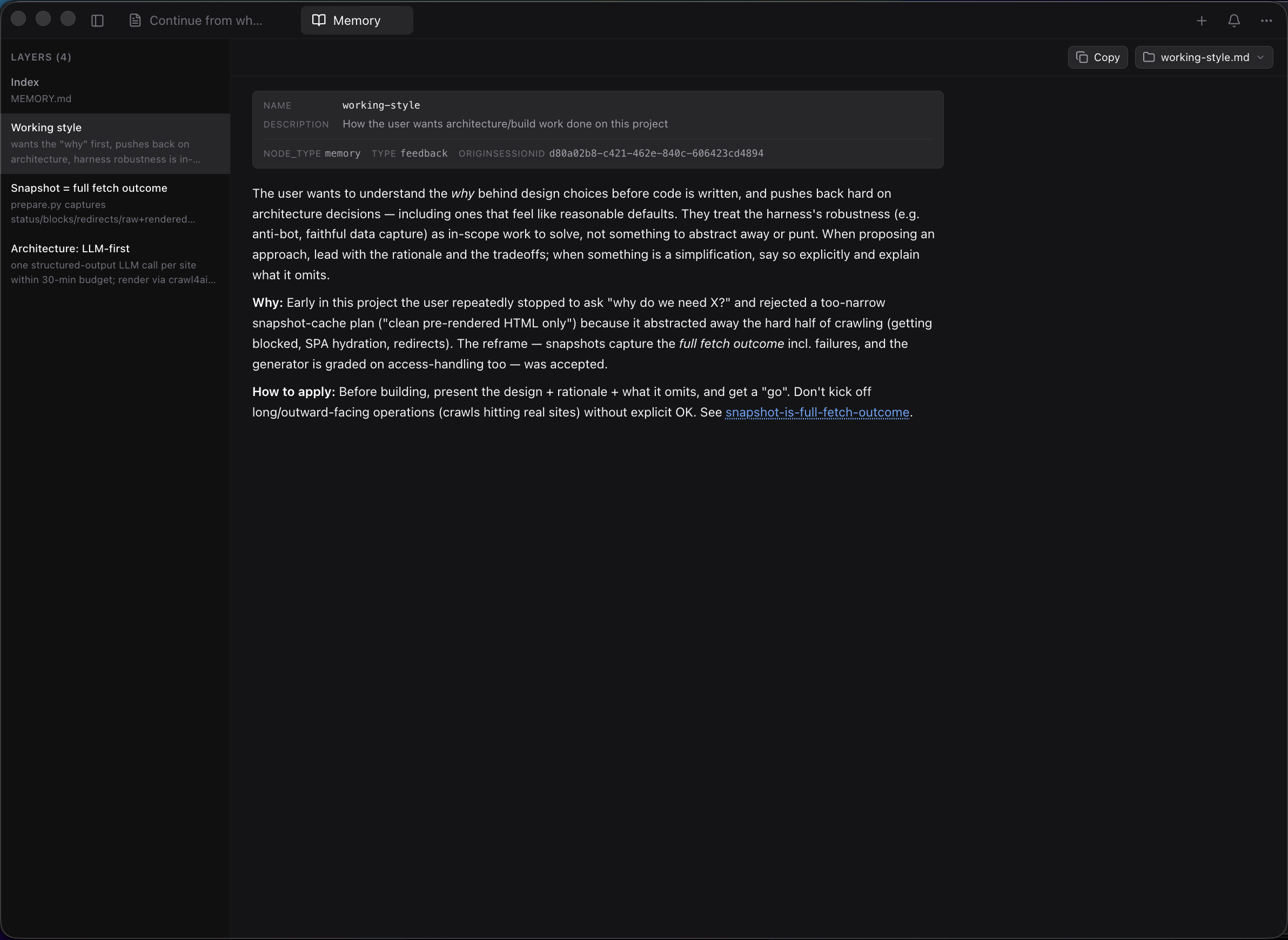 Project memory viewer with layer list, frontmatter card, and Open-in launcher