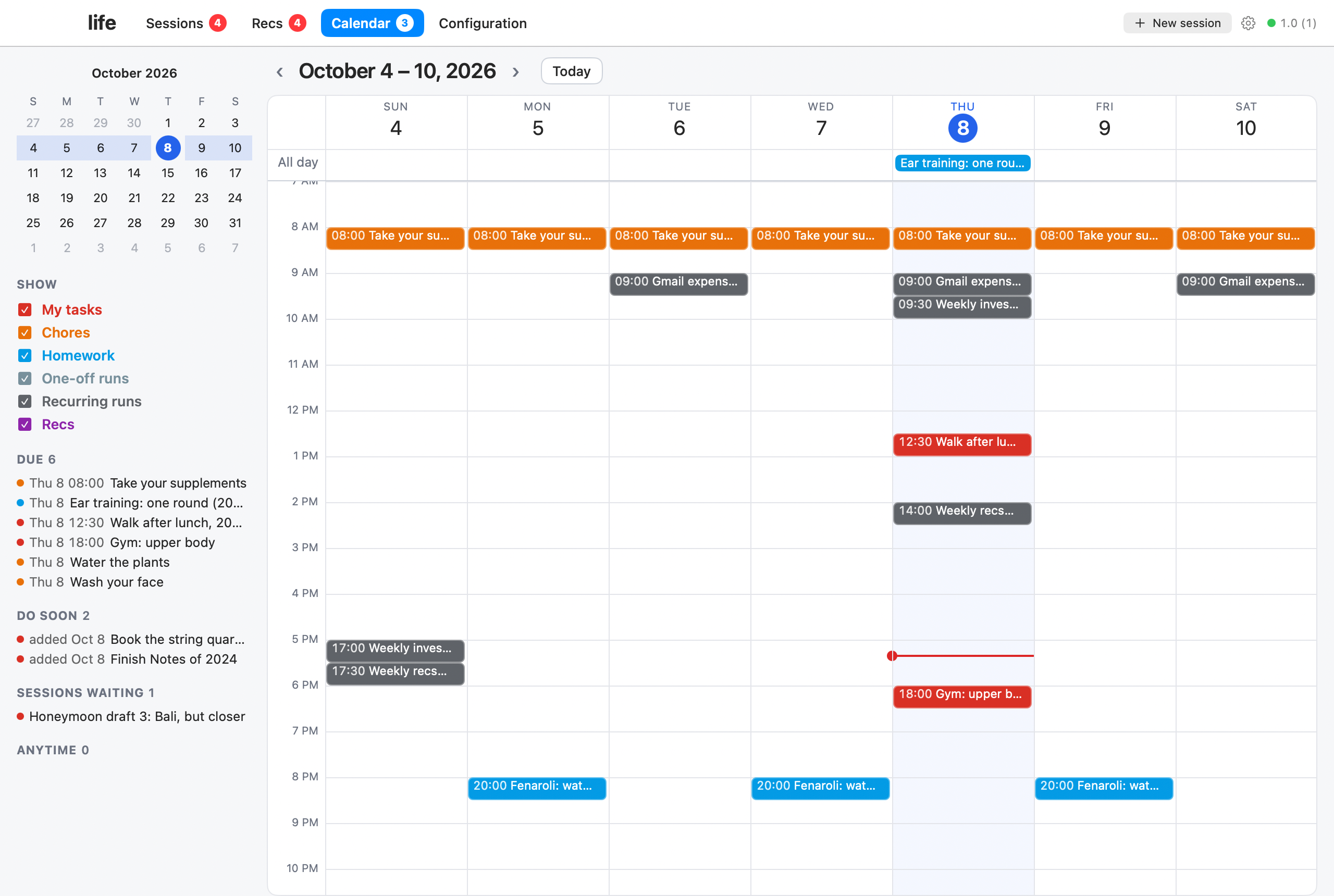 The life desktop app's Calendar: supplements as a daily chore, Fenaroli practice in the evenings, the Gmail expense scan and weekly agent runs, with due, do-soon and sessions-waiting lists