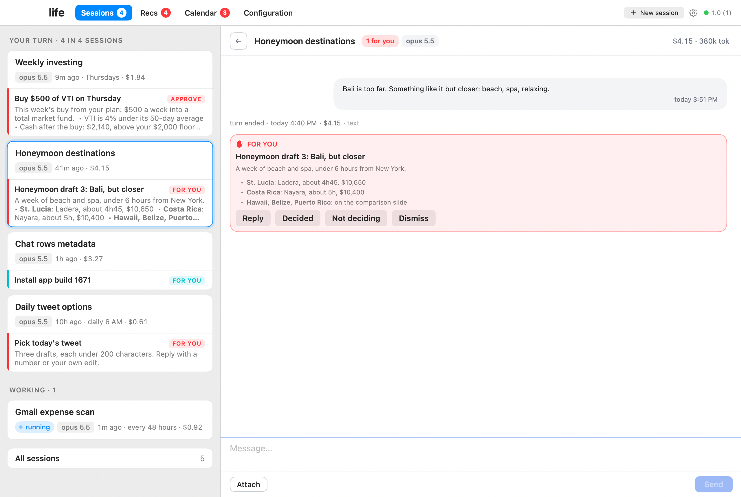 A session in the life desktop app planning a honeymoon: the agent asks which of six beach and spa plans to pick, St. Lucia and Costa Rica first, each with flight time and total
