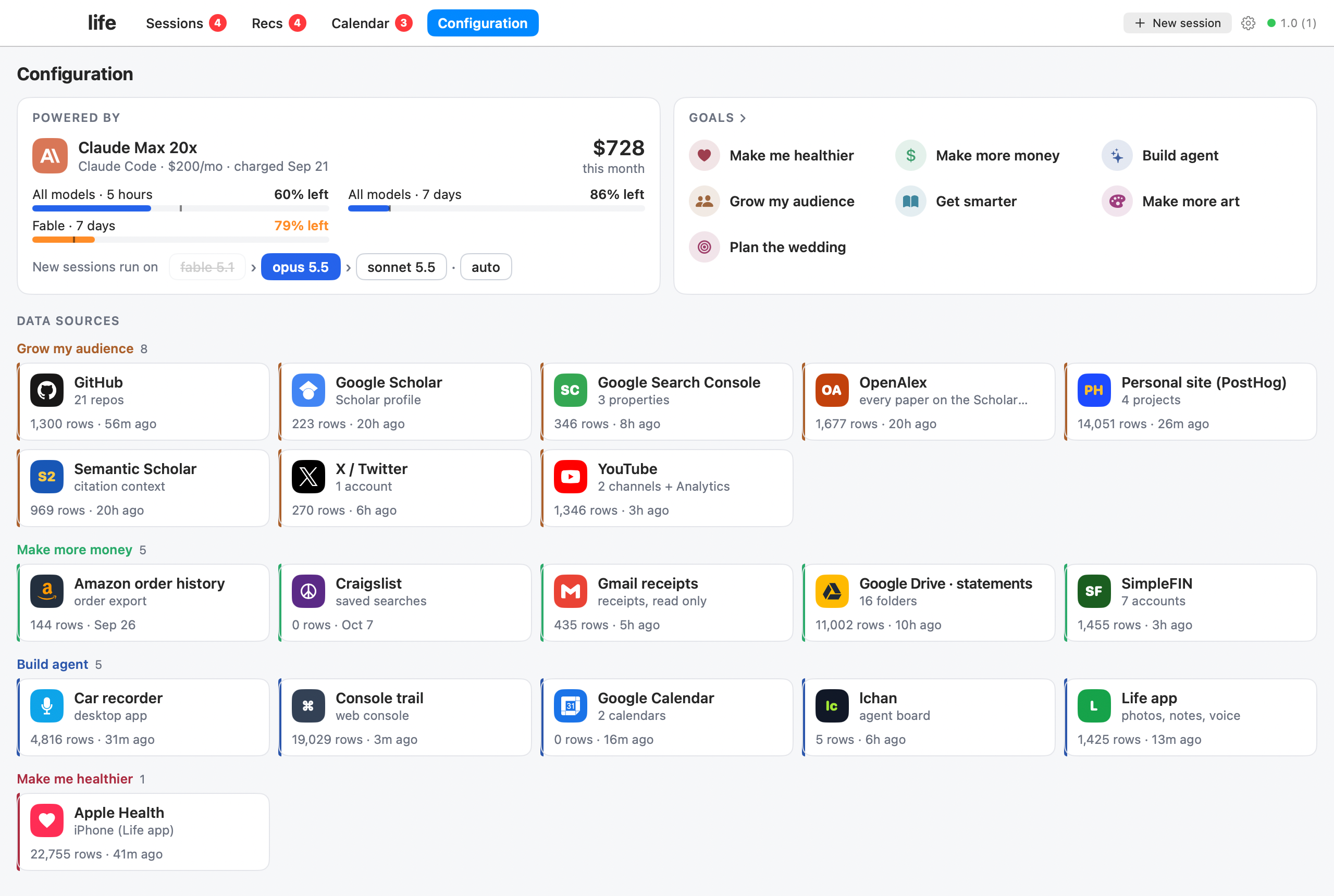 The life desktop app's Configuration page: a Powered by card with the Claude Max 20x plan, $728 spent this month, 60% of the 5 hour limit, 86% of the 7 day limit and 79% of the Fable limit left, and the model picker; a Goals card with seven goals; and data sources grouped under the goals Grow my audience, Make more money, Build agent and Make me healthier, most sources first, each goal on its own row in its colour, every source with its logo, row count and last sync