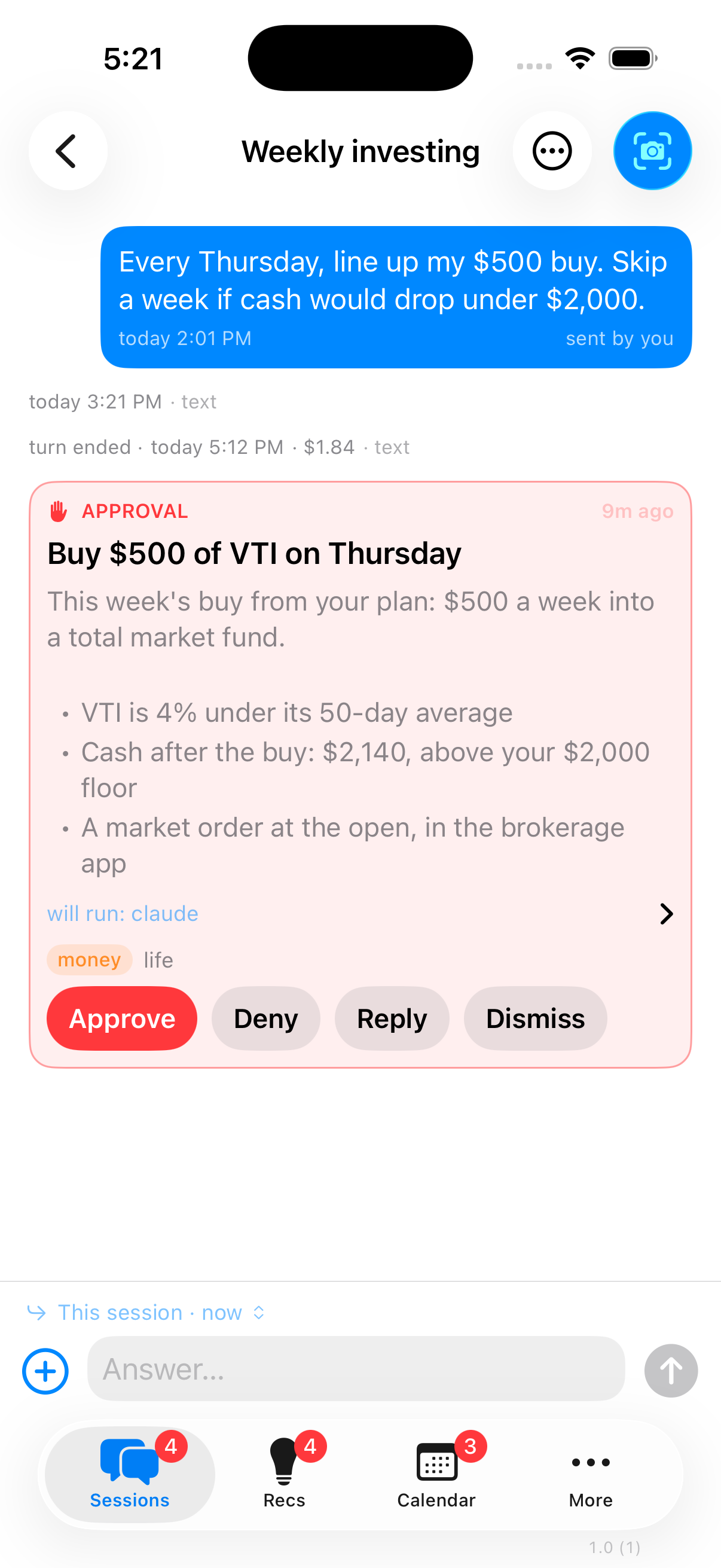 The life iPhone app: a session chat with the approval card to buy $500 of VTI, Approve, Deny, Reply and Dismiss buttons