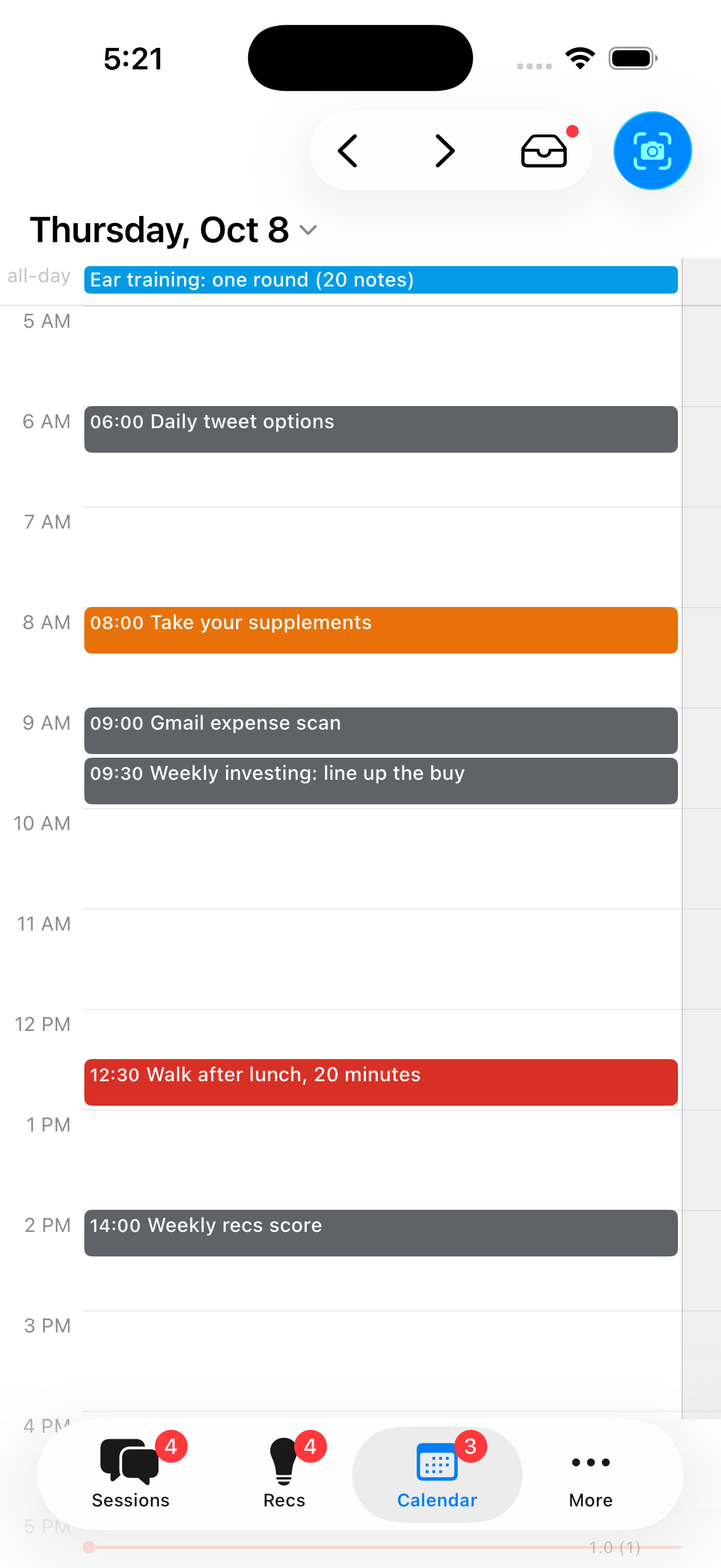 The life iPhone app Calendar tab on the Day view: today's hours with a walk after lunch, the weekly recs score and the gym, the investing run, and the due and do-soon tray