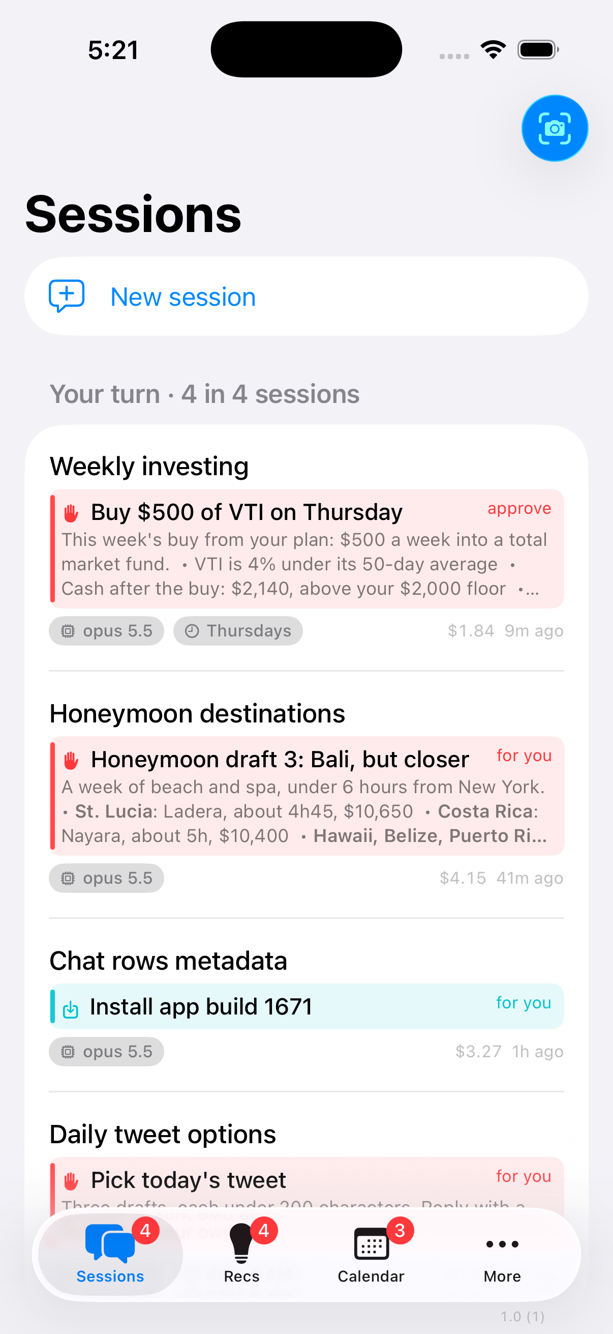 The life iPhone app Sessions tab: Your turn, 4 cards in 4 sessions, three red cards to approve or decide and one teal card to install an app build
