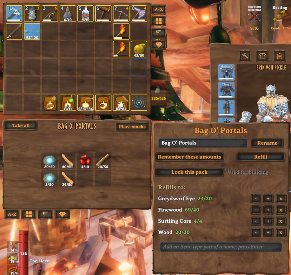 An open Bag O' Portals: its contents on the left and its settings panel beside them, with Refill, Remember these amounts and Lock this pack