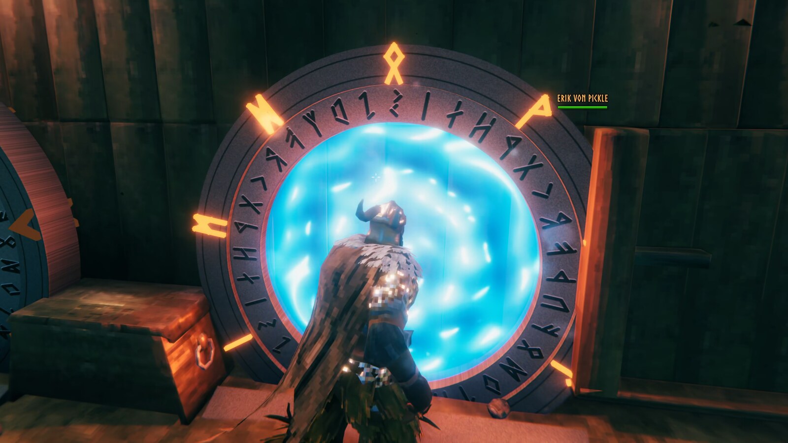 An open gate: carved stone ring, orange Chevrunes and a pool of water