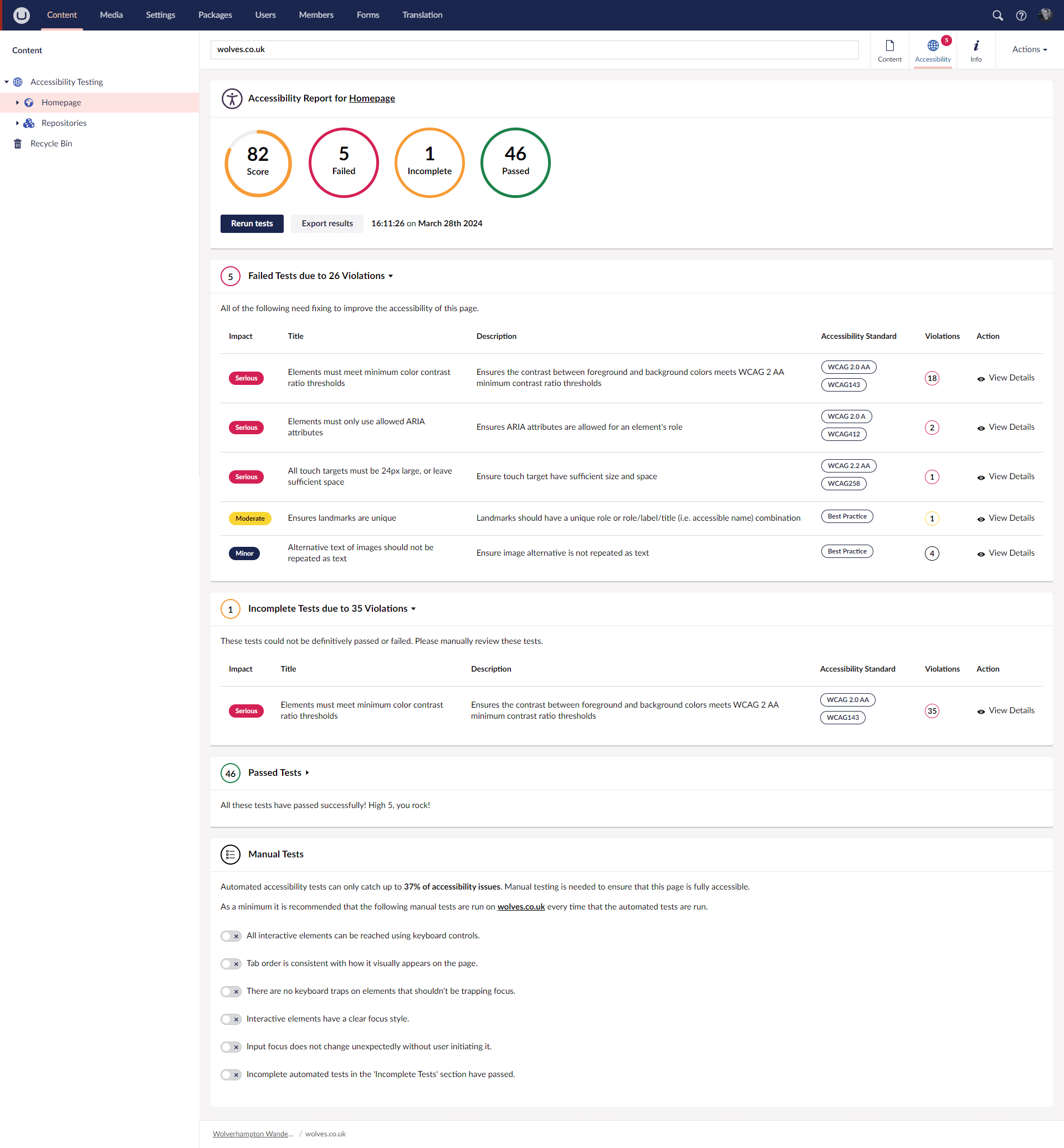 Dashboard of accessibility test results for a single page