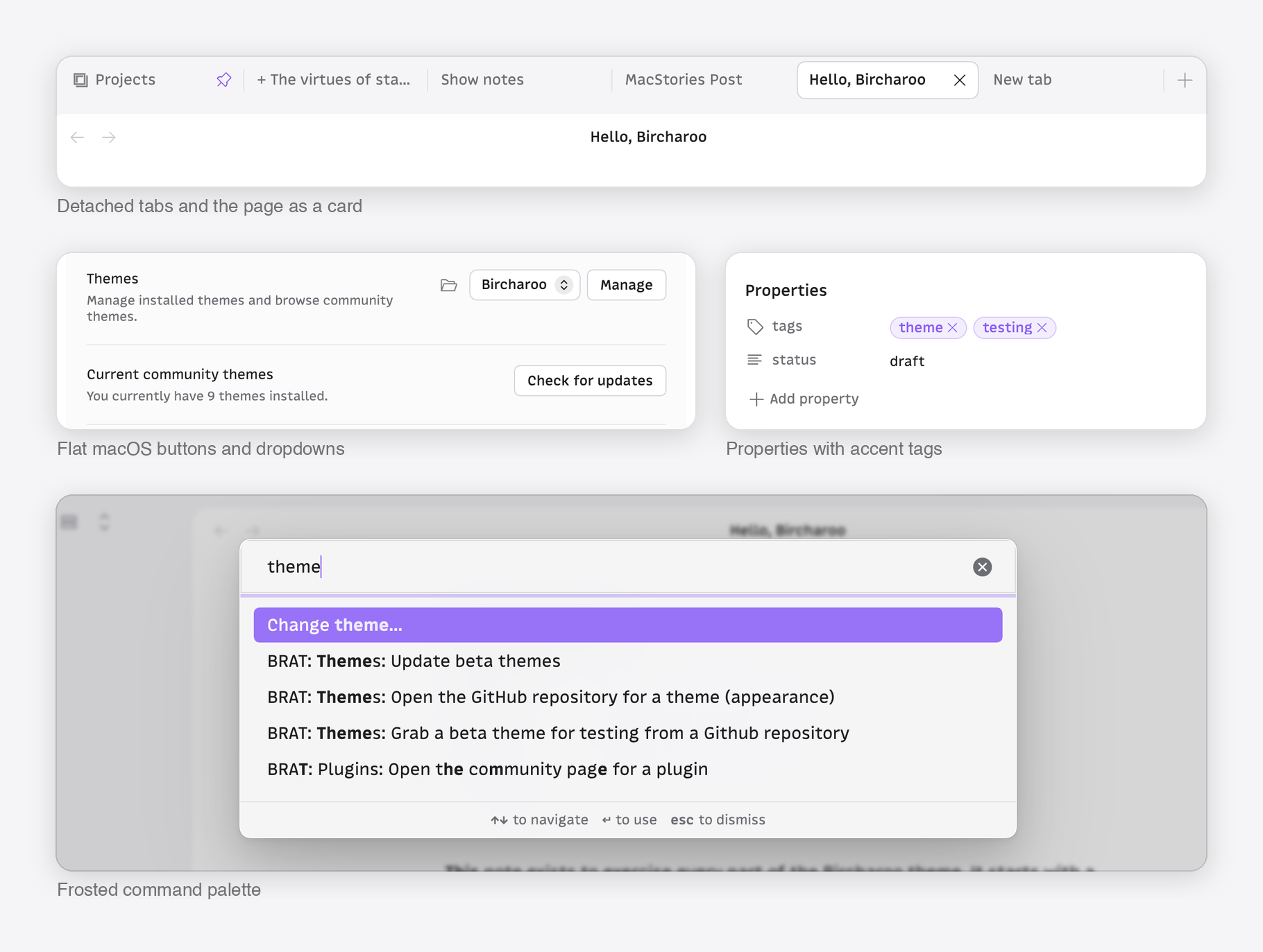 Close-ups: tabs, buttons, properties, and the command palette