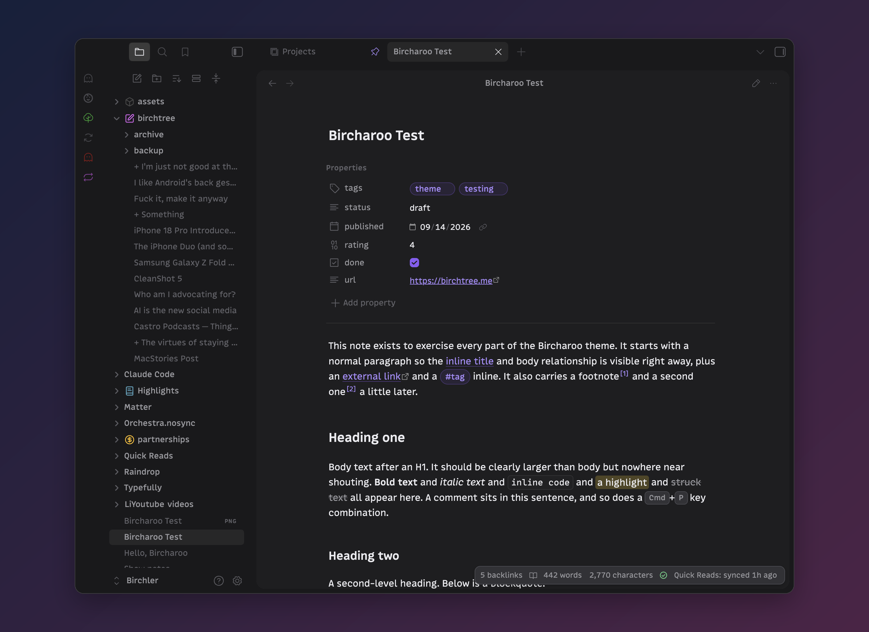 Bircharoo in dark mode