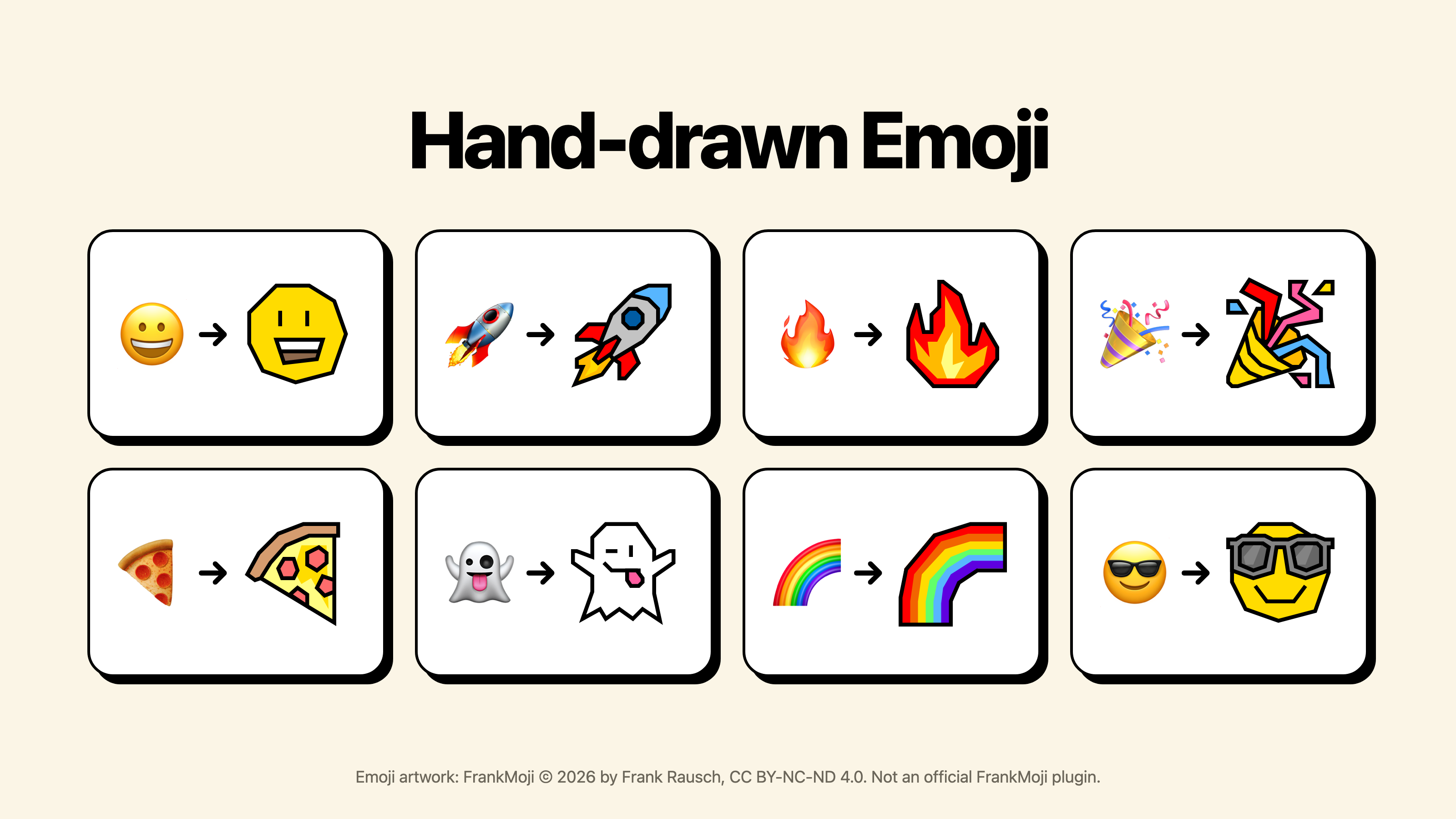 Hand-drawn Emoji: eight standard emoji shown next to their hand-drawn replacements.