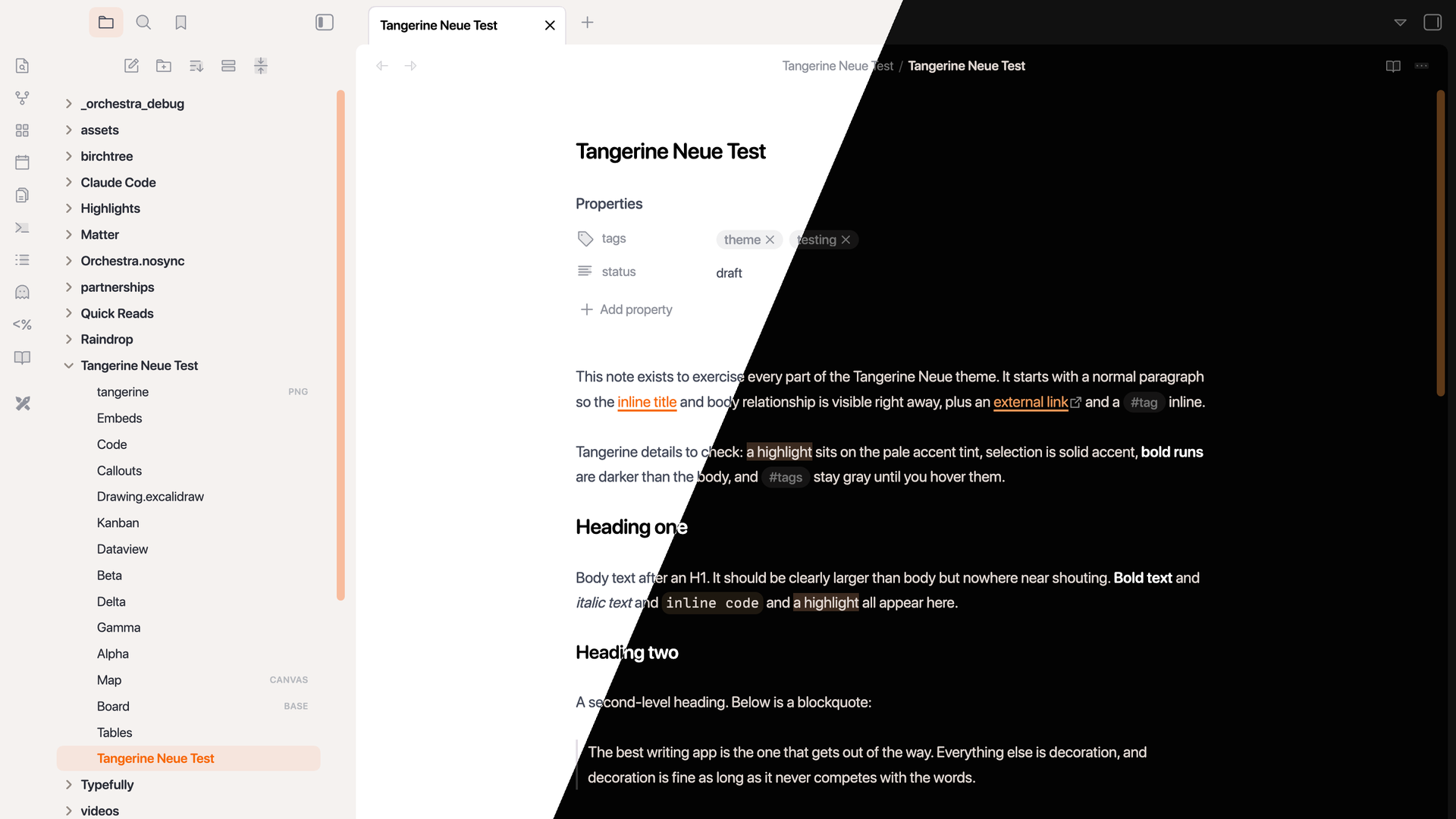 Tangerine Neue in light and dark mode