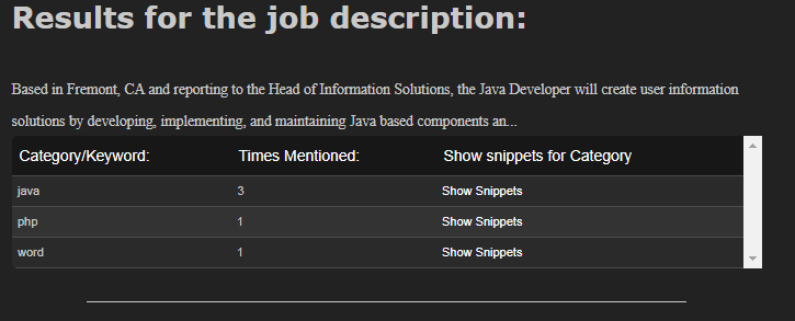 View Parsed Job Description and Category Matches