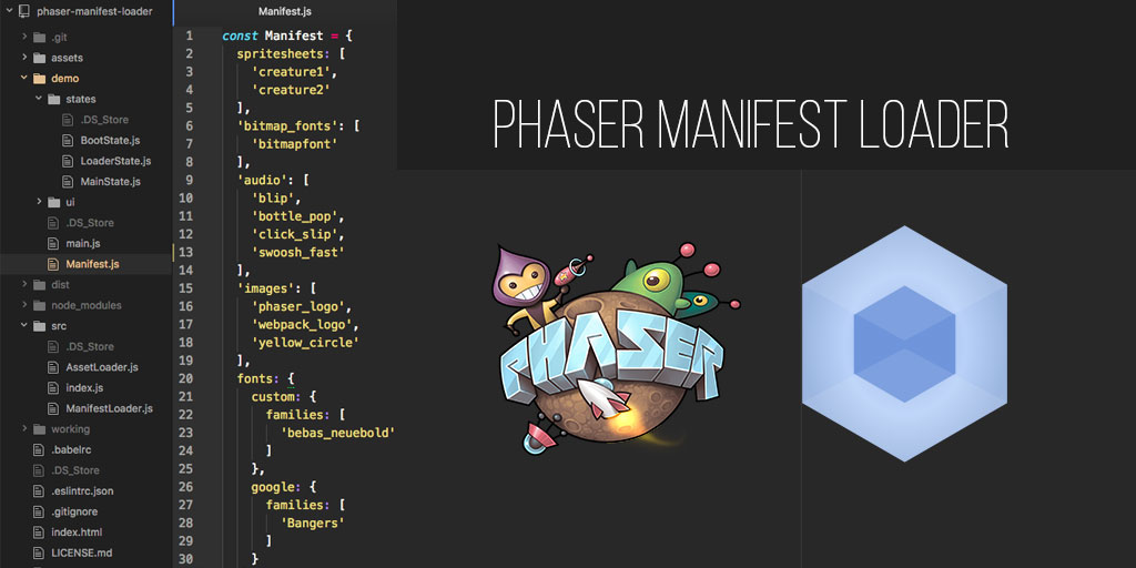 Loading assets. Phaser logo. Fosser logo. Webpack Federation. Phaser (game Framework).