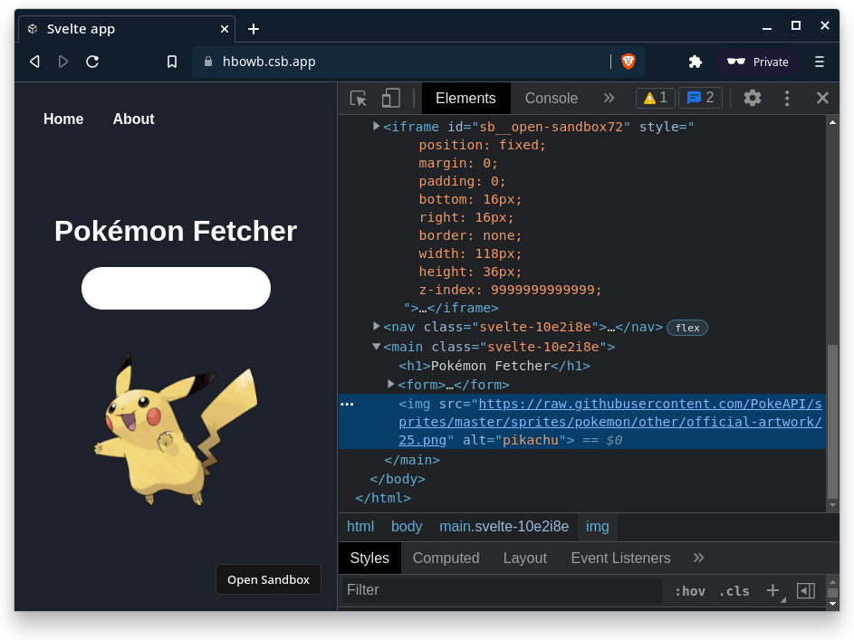 Showing the elements tab inside developers tools