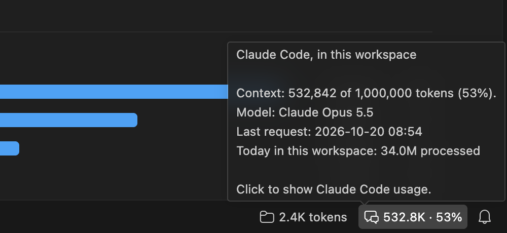 The status item at 532.8K · 53%, and its tooltip: the context's 532,842 of 1,000,000 tokens, the model, the last request, and today's tokens in this workspace