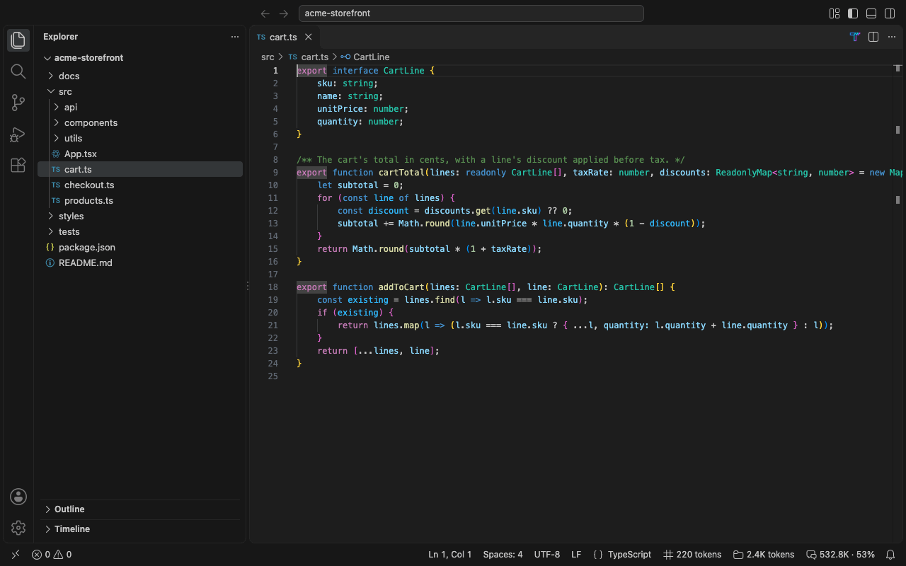 The T at the top right of an editor opens Claude Code usage; the page goes from today to 30 days, to this workspace and back, down to its projects and sessions, and the status item's tooltip shows the running session's context