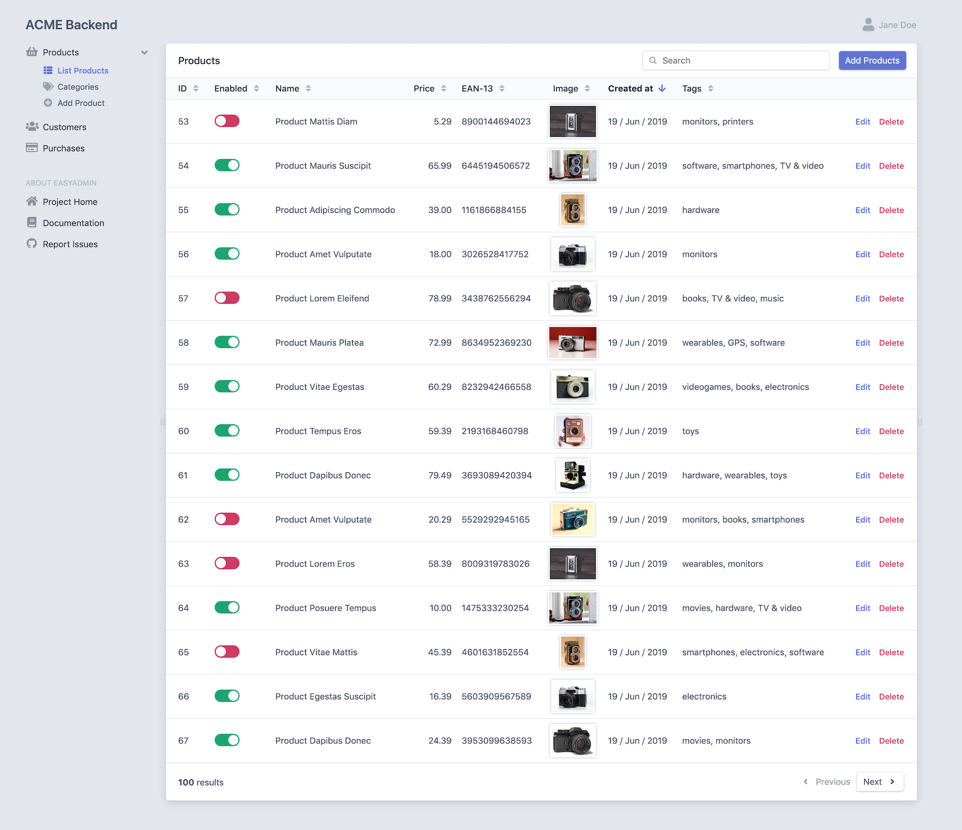 Screenshot of the EasyAdmin Demo app