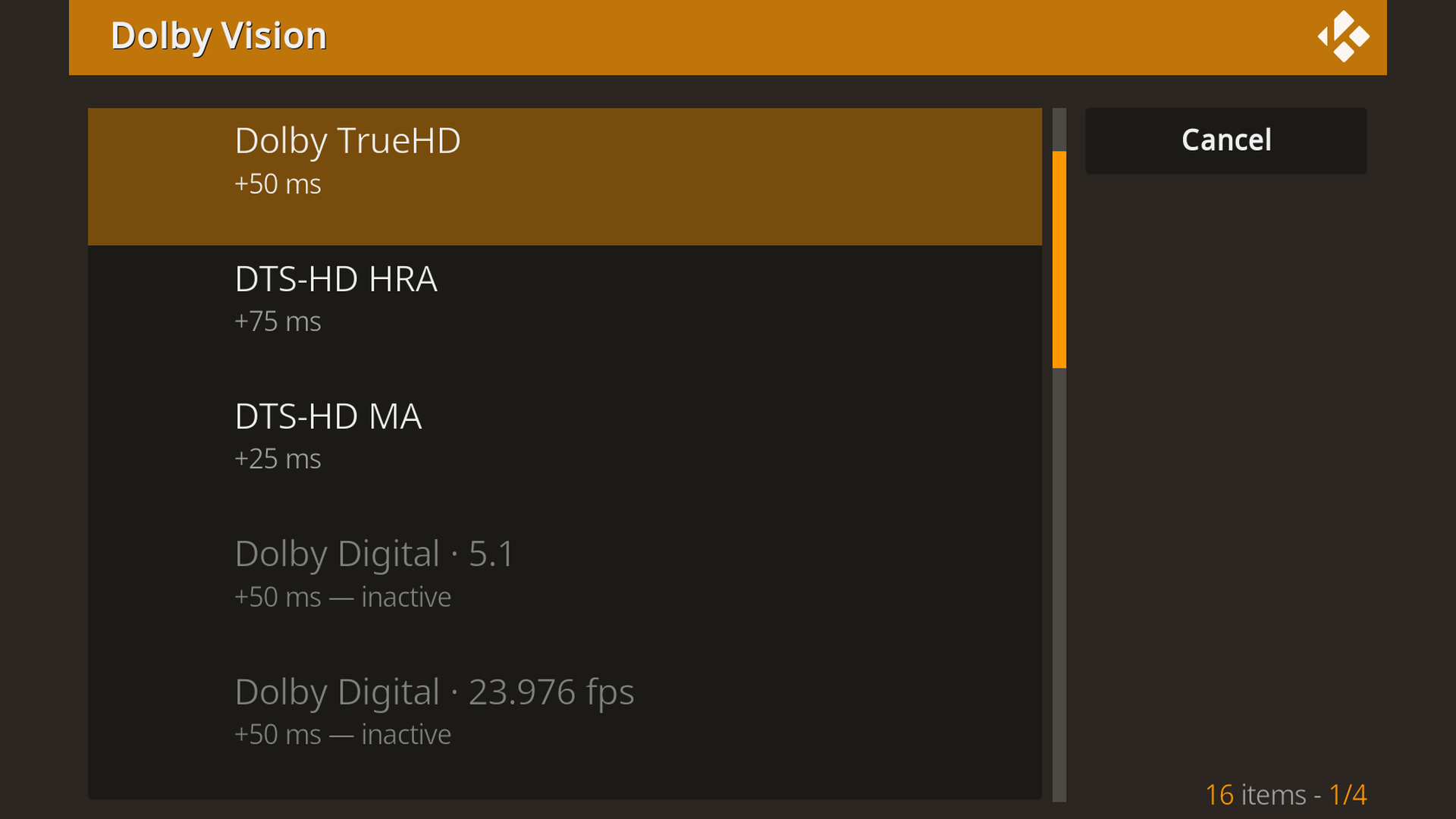 Stored offsets for Dolby Vision listed per audio format