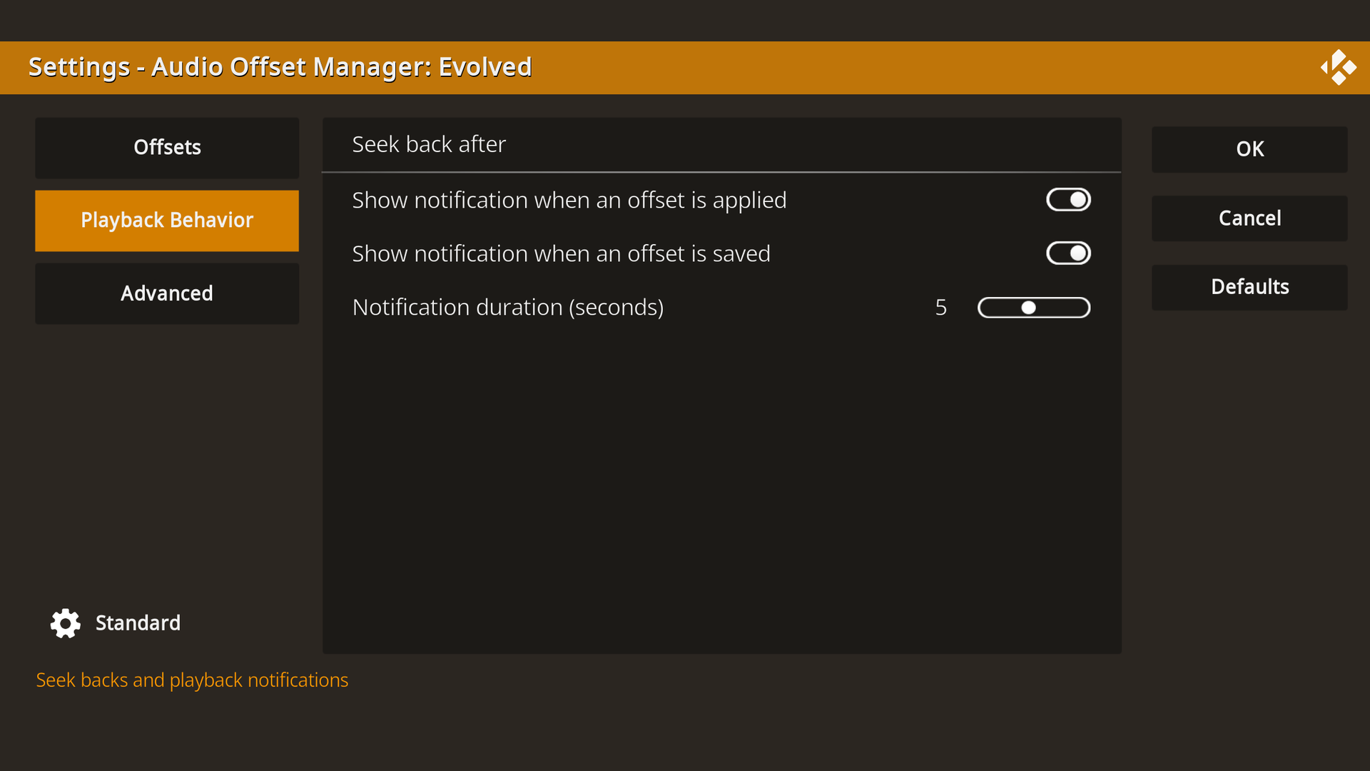 Playback Behavior settings with seek back and notification options