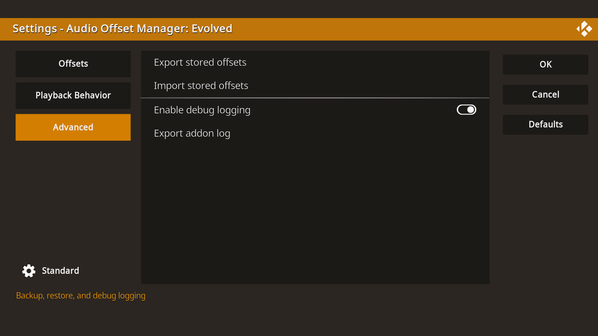 Advanced settings with export, import, and debug logging
