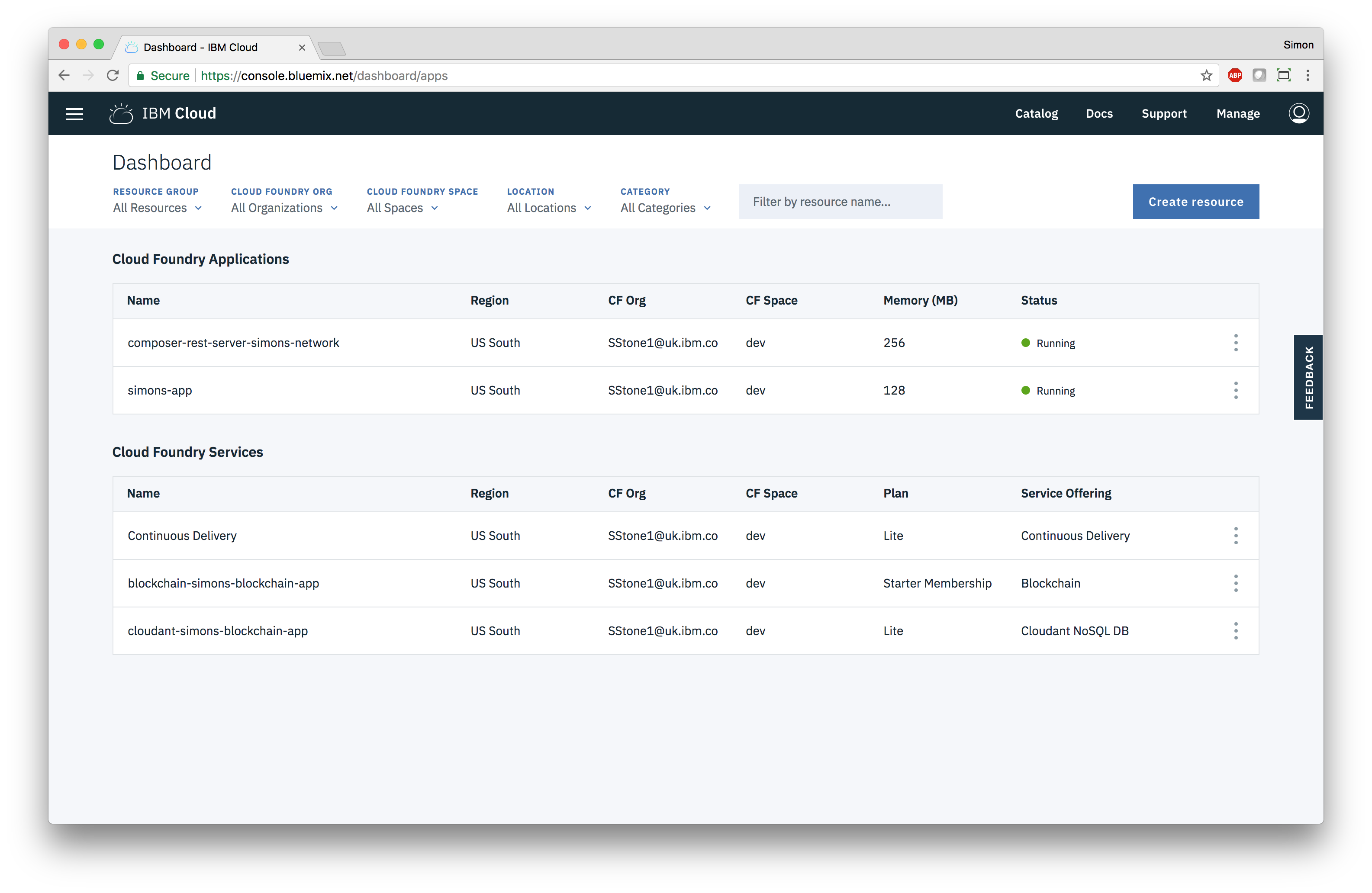 IBM Cloud Dashboard