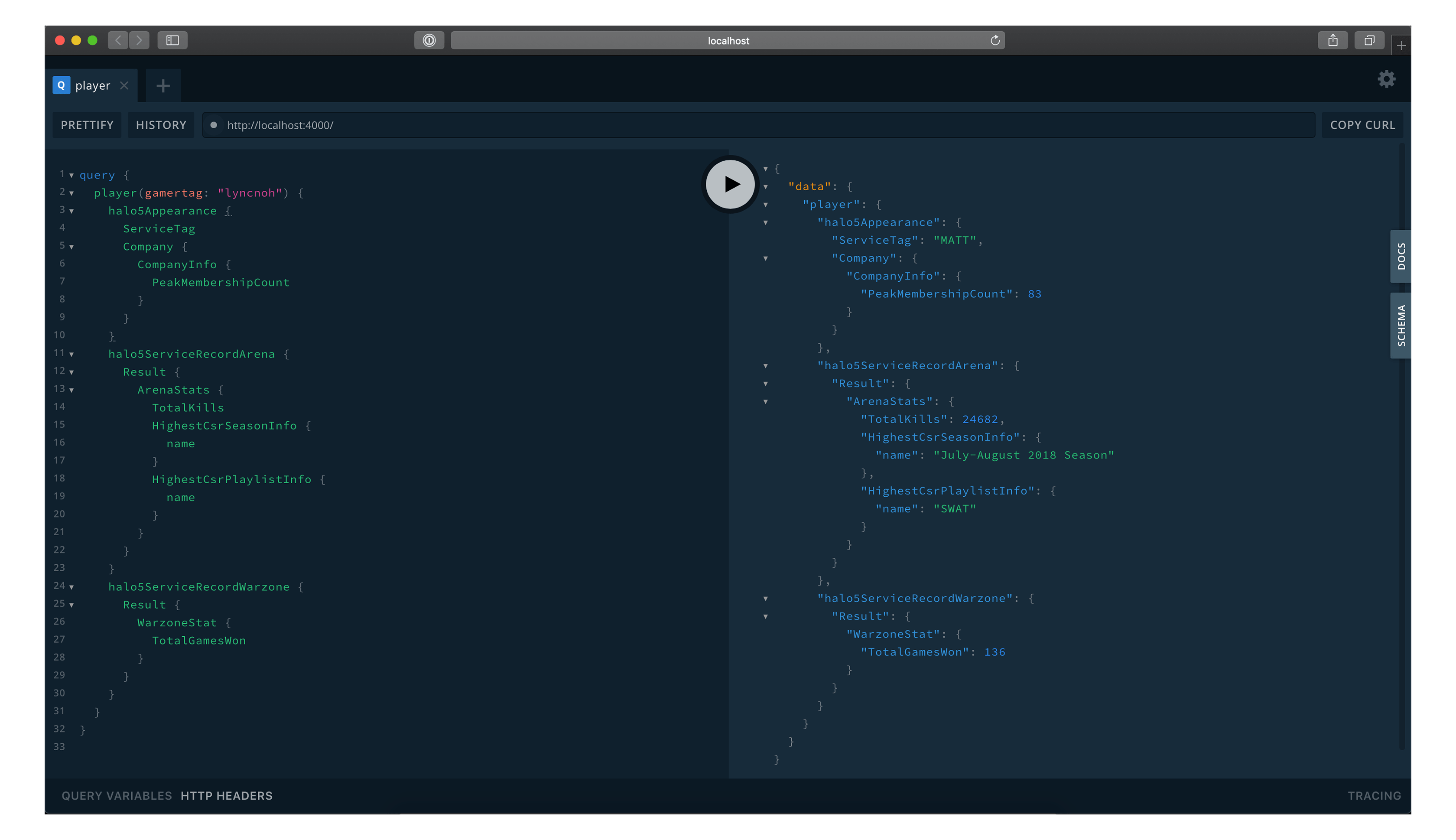 GraphQL playground showing data returned from the HALO API