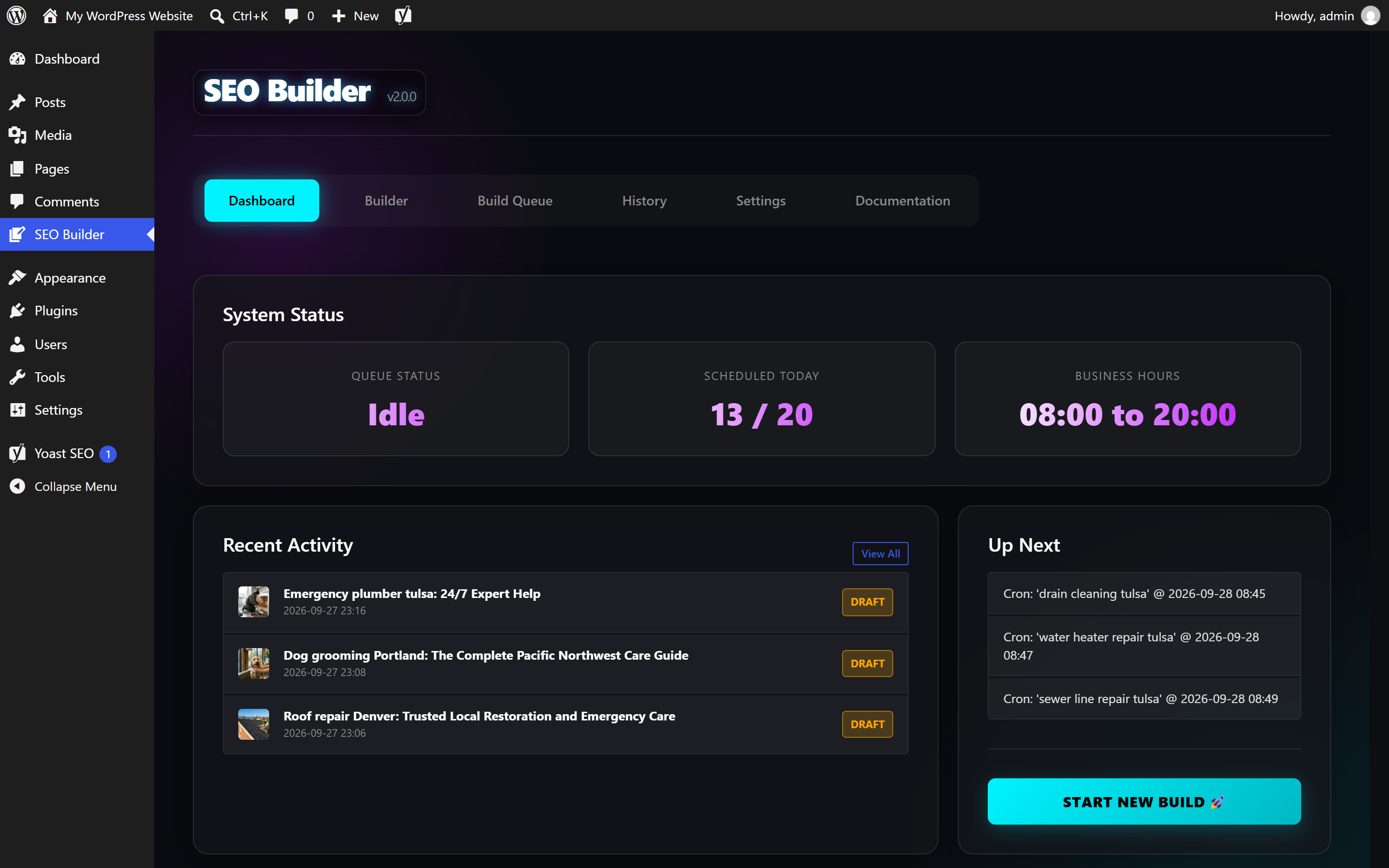 Dashboard with queue status, daily count and recent drafts