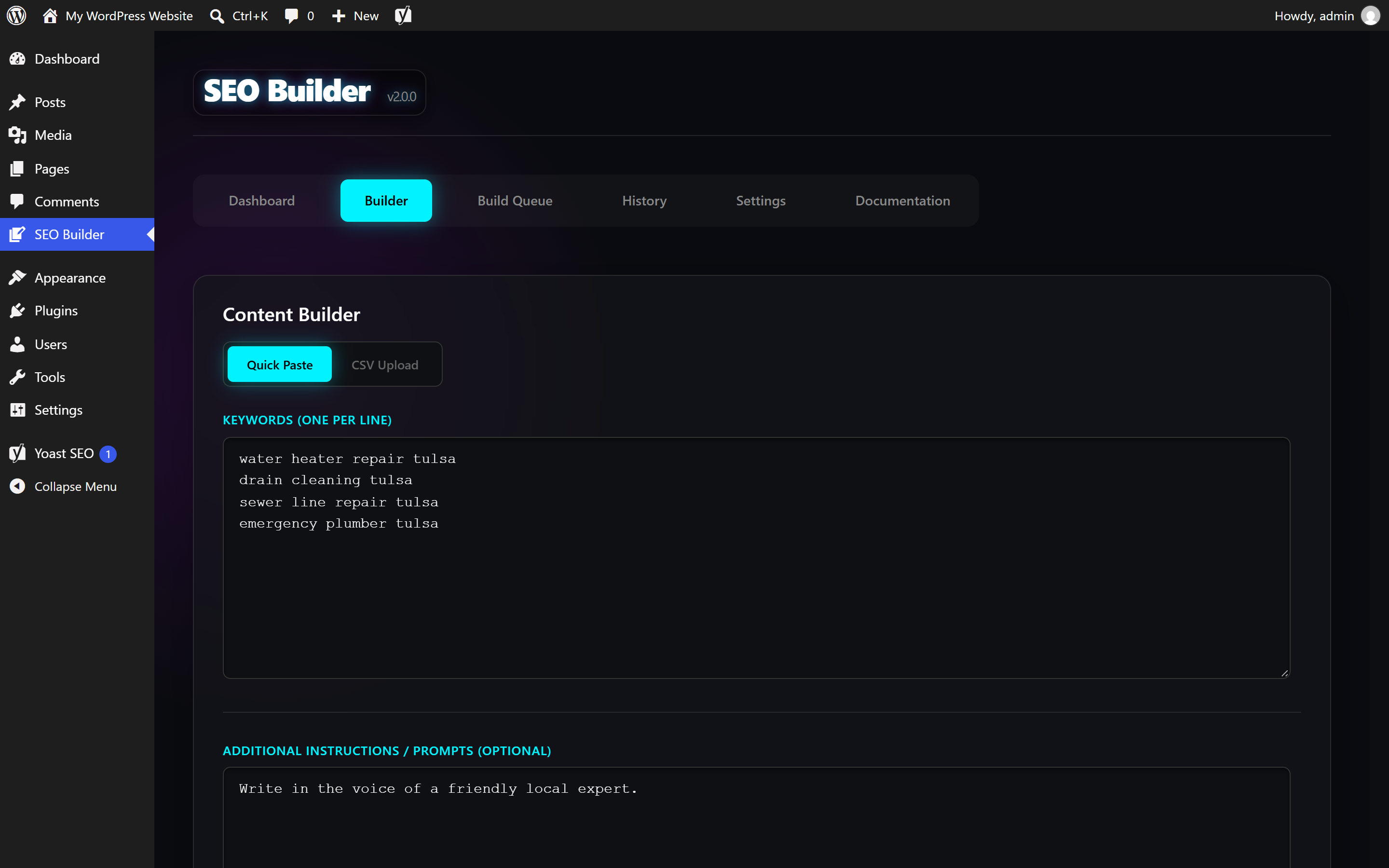 Builder tab with a keyword list and optional instructions