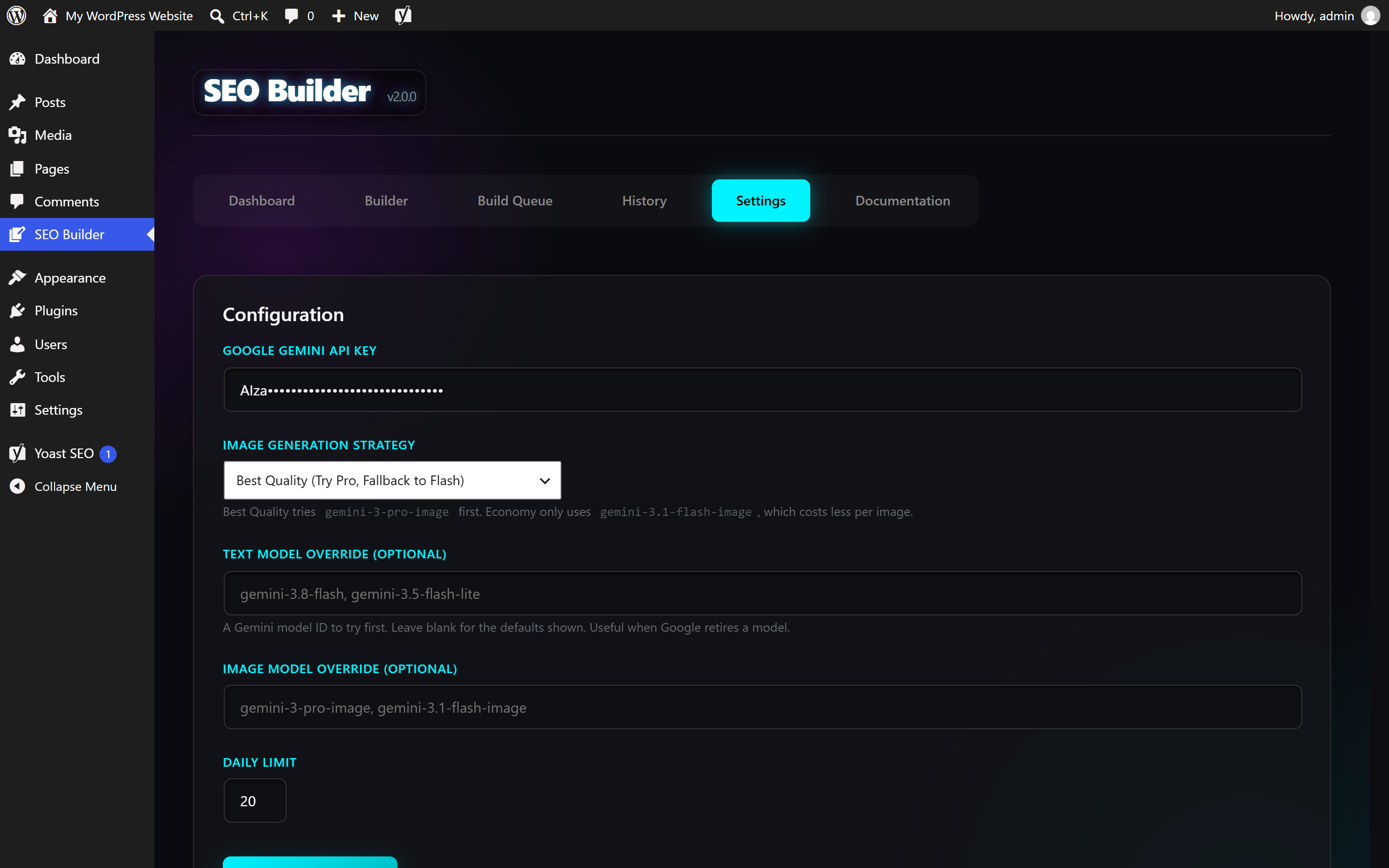 Settings with API key, image strategy and model overrides