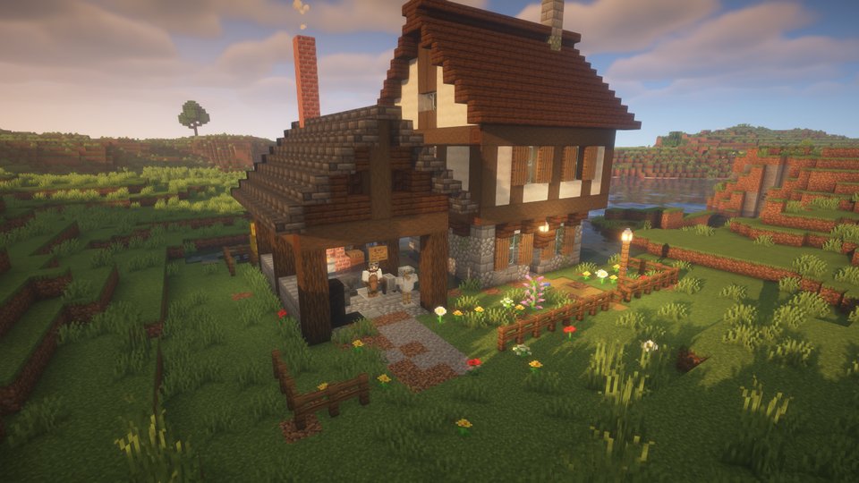 A Wayside Forge at golden hour, smoke rising from its chimneys