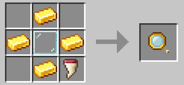Gold ingots around a glass pane, with a Mimic Tooth in the bottom right corner